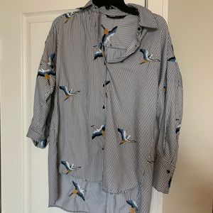 Zara Oversized Blue and White Bird Embroidered Top